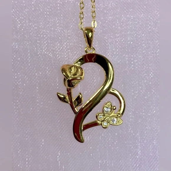 925 Sterling Silver Heart Rose Butterfly Pendant Necklace with Crystal Accents - Picture 5 of 15